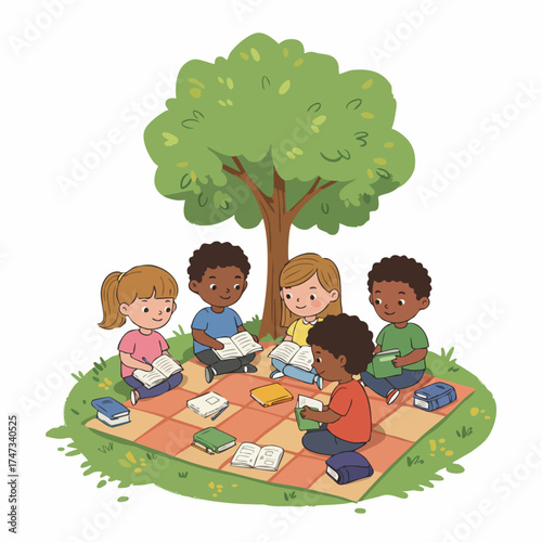 Whimsical Flat Illustration of Children Reading Under Tree Educational Concept