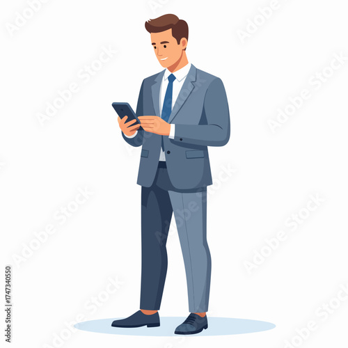 Confident businessman in blue suit holding two smartphones, multitasking and managing work communication. Modern digital concept of business, connection, and productivity illustration.