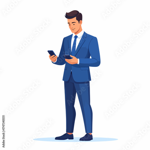 Confident businessman in blue suit holding two smartphones, multitasking and managing work communication. Modern digital concept of business, connection, and productivity illustration.