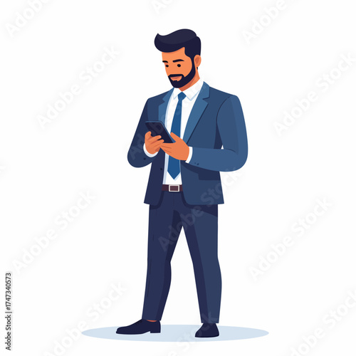 Confident businessman in blue suit holding two smartphones, multitasking and managing work communication. Modern digital concept of business, connection, and productivity illustration.