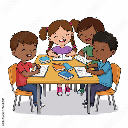 Cartoon Style Happy Children Studying Together Around a Table Illustration