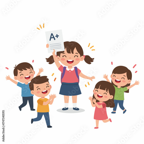 Cartoon Cheerful Pupil Showing Grade Achievement with Friends Illustration