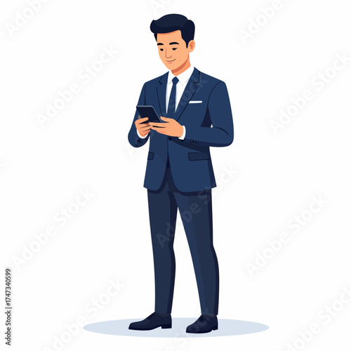 Confident businessman in blue suit holding two smartphones, multitasking and managing work communication. Modern digital concept of business, connection, and productivity illustration.