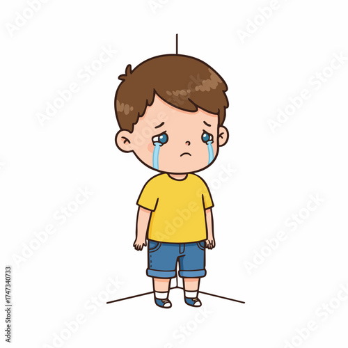 Cartoonish Flat Design Crying Boy Standing in Corner Illustration