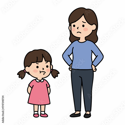 Cute Cartoon Upset Child and Mother Argument Illustration Drawing