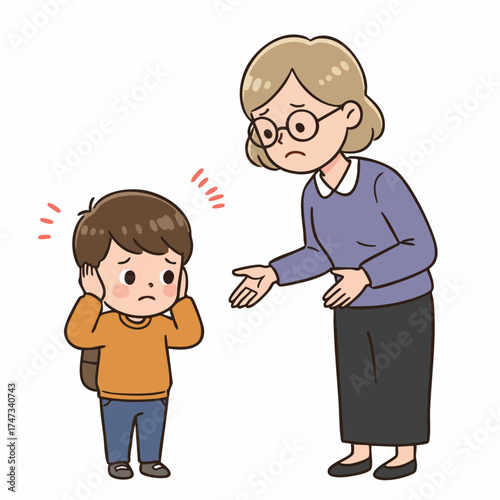 Cartoon Handdrawn Frustrated Little Boy with Angry Teacher Illustration