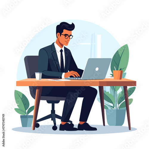 An illustration of a successful young businessman in a blue suit working cheerfully at his office computer