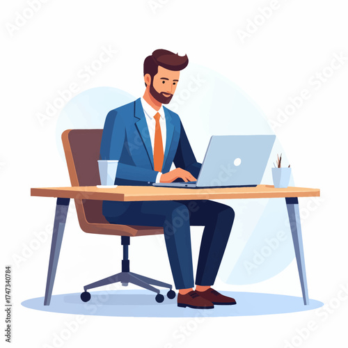 An illustration of a successful young businessman in a blue suit working cheerfully at his office computer