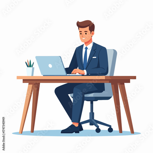 An illustration of a successful young businessman in a blue suit working cheerfully at his office computer
