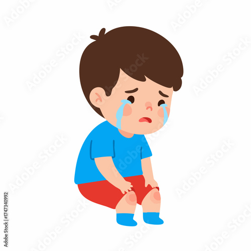 Cartoon Crying Little Boy Character Sitting Feeling Sad and Depressed