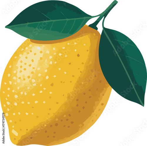 Vector art of a vibrant lemon with green leaves
