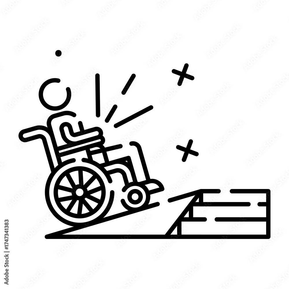 Fototapeta premium Stylized Icon of a Person in a Wheelchair Ascending a Ramp with Dynamic Lines Indicating Movement and Achievement Against a Transparent Background