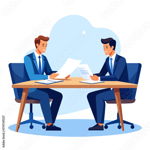 Partners meeting for business discussion with documents and laptop on desk. Couple at round table, speaking, discussing work, partnership. Flat vector illustration isolated on white background 