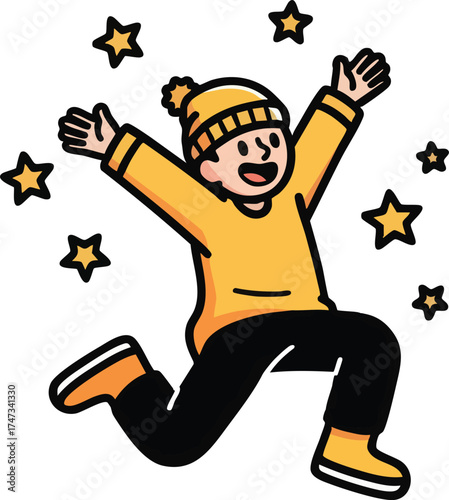Excited Person Jumping with Joy Surrounded by Stars.