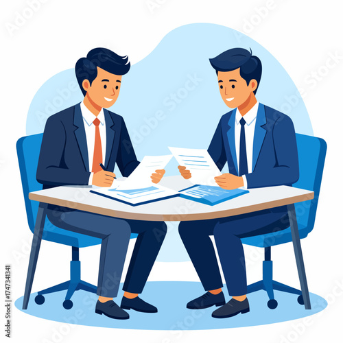 Partners meeting for business discussion with documents and laptop on desk. Couple at round table, speaking, discussing work, partnership. Flat vector illustration isolated on white background 