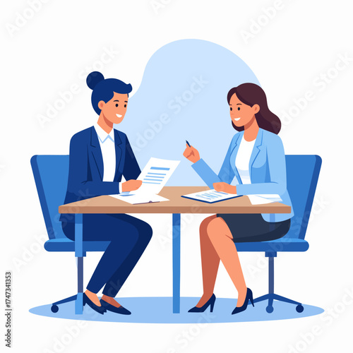 Partners meeting for business discussion with documents and laptop on desk. Couple at round table, speaking, discussing work, partnership. Flat vector illustration isolated on white background 