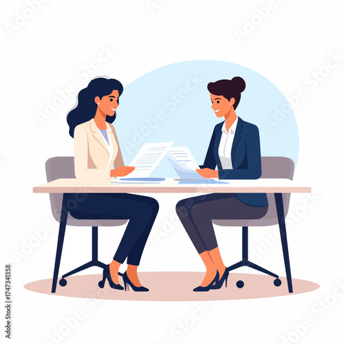 Partners meeting for business discussion with documents and laptop on desk. Couple at round table, speaking, discussing work, partnership. Flat vector illustration isolated on white background 