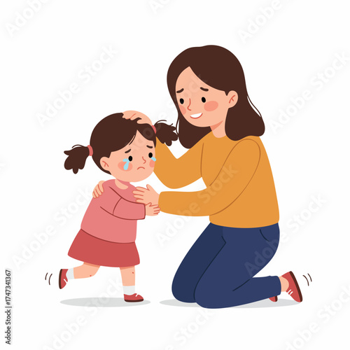 Flat Illustration Caring Mother Soothing Sad Daughter Character Design