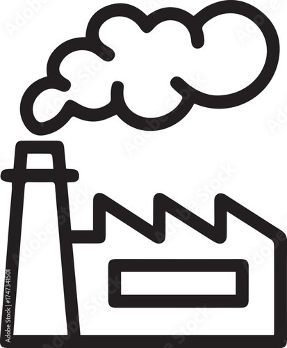 Vector art of simple line drawing of a factory with smoke coming from the chimney isolated