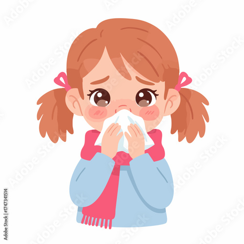 Cute Cartoon Style Sick Little Girl Blowing Nose Character Illustration