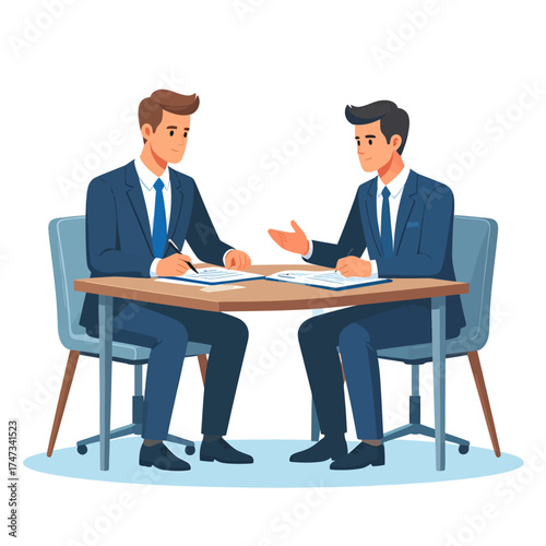 Partners meeting for business discussion with documents and laptop on desk. Couple at round table, speaking, discussing work, partnership. Flat vector illustration isolated on white background 
