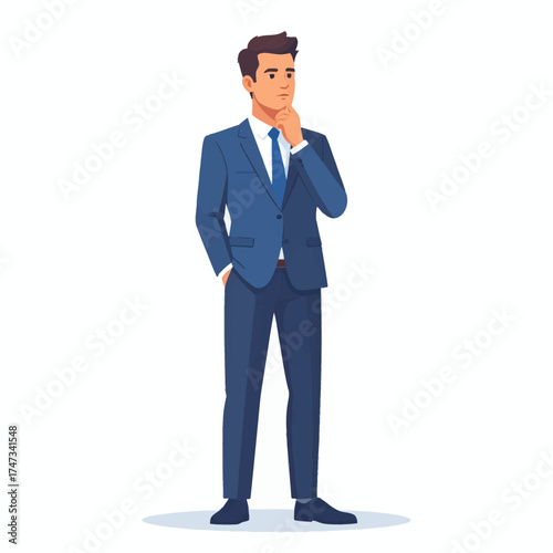 A sharply dressed individual, lost in deep thought, thoughtfully touches his chin, capturing a moment of strategic pondering.