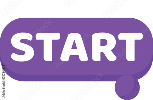 Purple start button speech bubble graphic icon.