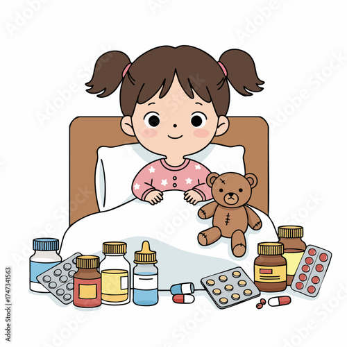 Cute Cartoon Girl with Teddy Bear Sick in Bed Illustration