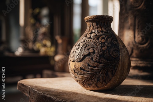 Intricately Carved Wooden Labu Sayong Pot on a Wooden Surface