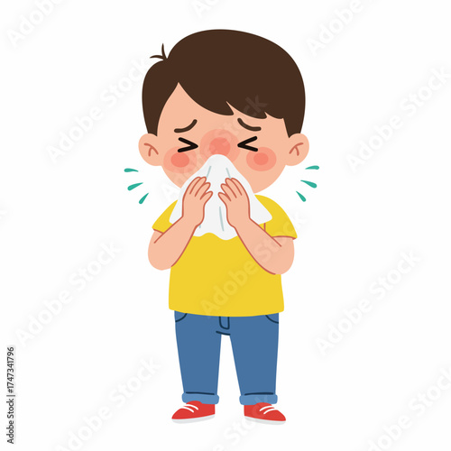 Cartoon Style Illustration of Sick Boy with Cold Symptoms Character