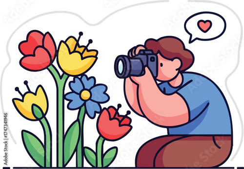 Cartoon character photographer kneeling to take pictures of flowers.