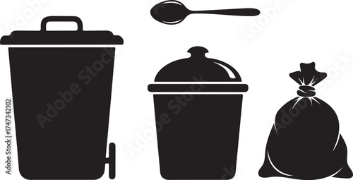 Black and White Vector Illustration Depicting Waste Management and Disposal Featuring Various Containers and a Spoon Emphasizing Recycling and Cleanliness