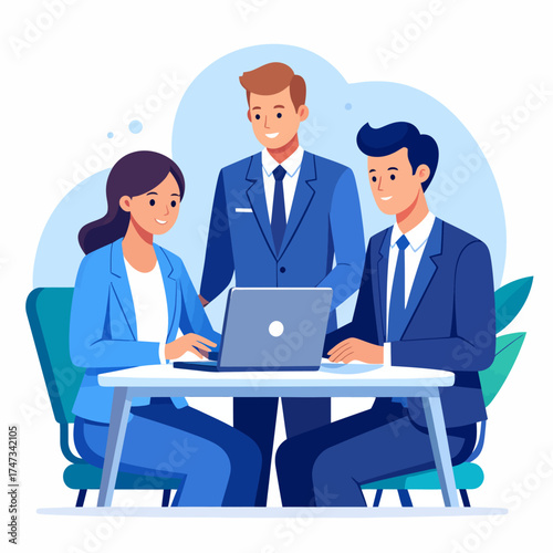 Business team collaboration. Group of happy people working on laptops in an office meeting. Man and women coworkers talking, discussing strategy. Corporate teamwork concept.