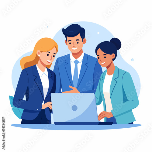 Business team collaboration. Group of happy people working on laptops in an office meeting. Man and women coworkers talking, discussing strategy. Corporate teamwork concept.