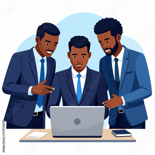 Business team collaboration. Group of happy people working on laptops in an office meeting. Man and women coworkers talking, discussing strategy. Corporate teamwork concept.