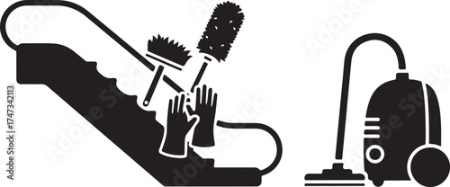 Black and white vector illustration depicting cleaning equipment for escalator and common use highlighting the importance of maintenance and hygiene in public spaces