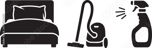 Cleaning and Housekeeping Icons Representing Bedroom Vacuuming and Spraying for a Tidy Home with Streamlined Design