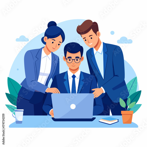 Business team collaboration. Group of happy people working on laptops in an office meeting. Man and women coworkers talking, discussing strategy. Corporate teamwork concept.