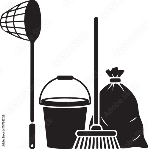Cleaning Equipment Vector Illustration Featuring a Net Bucket Broom and Garbage Bag Representing Sanitation and Maintenance for a Tidy Environment