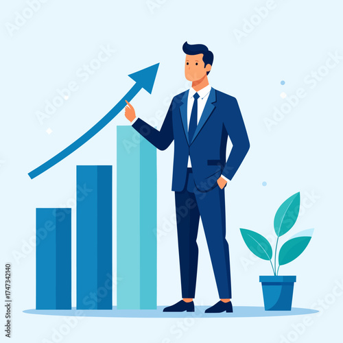 Illustration of a businessman stepping on a rising graph, looking for the next goal and motivation for future success.