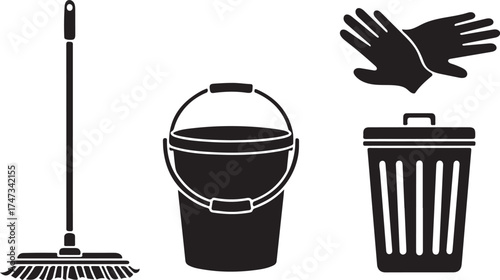 Cleaning Supplies Vector Illustration Featuring a Mop Bucket Trash Can and Protective Gloves for Sanitation and Hygiene Ready for Home or Professional Use