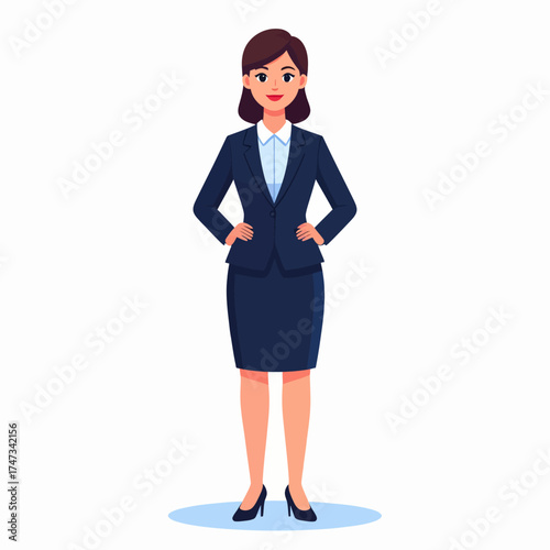 An illustration of a confident, smiling woman stands ready, exuding a businesslike aura in elegant attire, against a clean backdrop