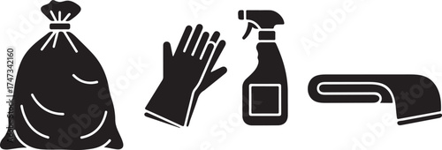 Cleaning Supplies Vector Illustration for Home and Office with Spray Bottle Gloves Cloth and Garbage Bag for Spring Cleaning and Organization
