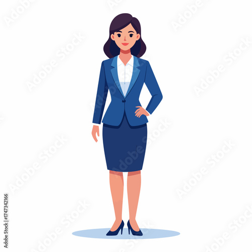 An illustration of a confident, smiling woman stands ready, exuding a businesslike aura in elegant attire, against a clean backdrop
