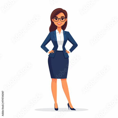 An illustration of a confident, smiling woman stands ready, exuding a businesslike aura in elegant attire, against a clean backdrop