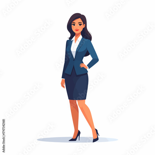 An illustration of a confident, smiling woman stands ready, exuding a businesslike aura in elegant attire, against a clean backdrop