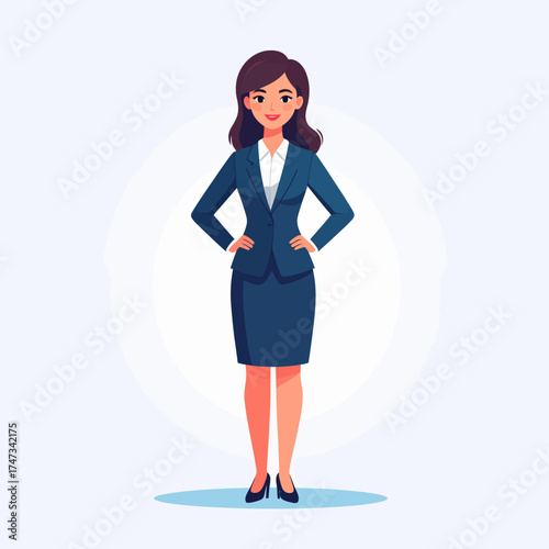 An illustration of a confident, smiling woman stands ready, exuding a businesslike aura in elegant attire, against a clean backdrop