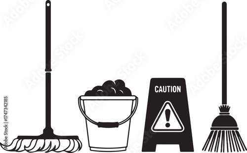 Cleaning tools including a mop bucket caution sign and broom isolated on white background illustrating the importance of workplace safety and hygiene in a professional setting