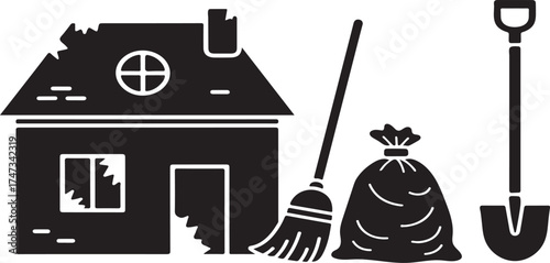Post Disaster Cleaning Illustration Featuring Damaged House Broom Shovel and Trash Bag Perfect for Recovery Projects and Community Support Graphics