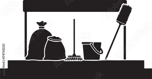 Silhouette of Cleaning Supplies Arranged on a Shelf Ready for Spring Cleaning and Home Maintenance Tasks in a Minimalist Black and White Design